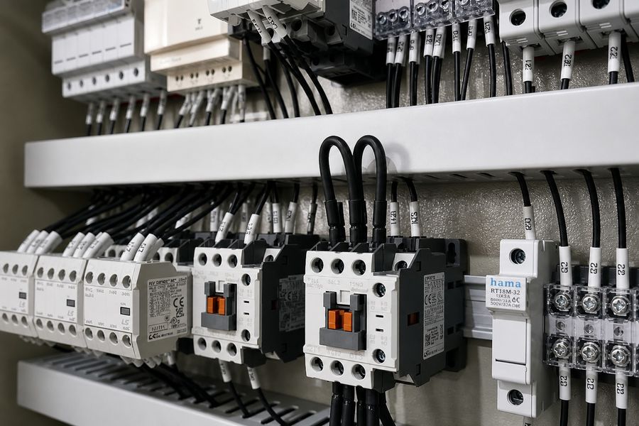 Close-up of contactors and relays inside a main switchboard